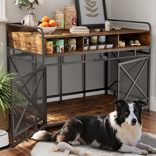 Dog Crate Furniture, 48" Heavy Duty Wooden Dog Crate End Table, XL Dog Kennel Furniture Large Breed, Decorative Dog Kenne Indoor with 3 Drawers & Steel Tubes 48" L x28 W x36 H (Rustic Brown)-PawvioPets