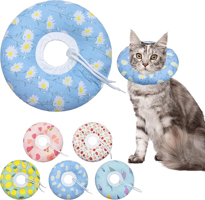 Cat Cone Collar Soft, Adjustable Cat Recovery Collars Kitten Cones to Stop Licking, Cute Donut E Collar After Surgery, Anti-Lick Wound Healing Elizabethan Collar for Kitten(Blue Daisy, Medium)-PawvioPets