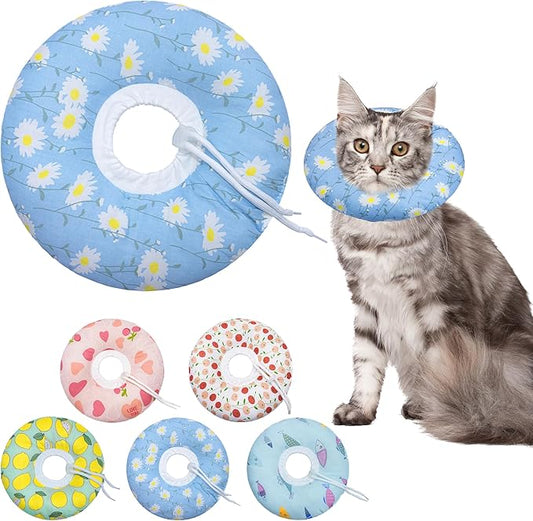 Cat Cone Collar Soft, Adjustable Cat Recovery Collars Kitten Cones to Stop Licking, Cute Donut E Collar After Surgery, Anti-Lick Wound Healing Elizabethan Collar for Kitten(Blue Daisy, Medium)-PawvioPets