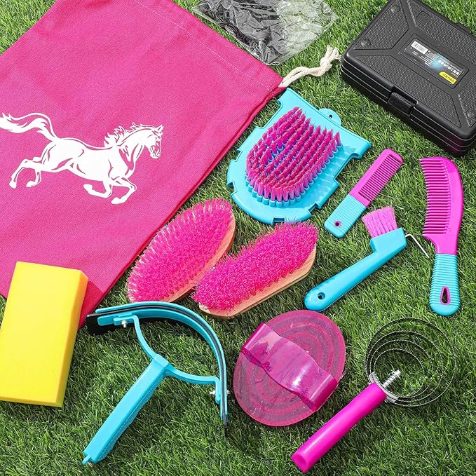 Abbylike 12 Pieces Horse Grooming Kit Racing Festival Tack Room Supplies Horse Brush Sets Equine Care Cleaning Kit Shedding Grooming Massaging Tools(Rose Red)-PawvioPets