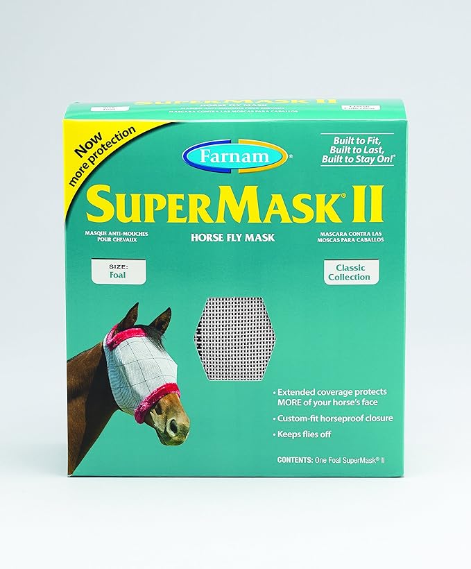 Farnam SuperMask II Fly Mask Without Ears for Foals, Full Face Coverage and Eye Protection from Insect Pests, Structured Classic Styling Mesh with Plush Trim, Foal Size-PawvioPets