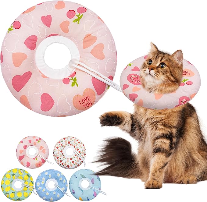 Cat Cone Soft Collar, Adjustable Cat Recovery Collar for Small Medium Large Cats, Cute Donut E Collar After Surgery, Anti-Lick Wound Healing Elizabethan Collar for Kittens (Pink Heart, Large)-PawvioPets