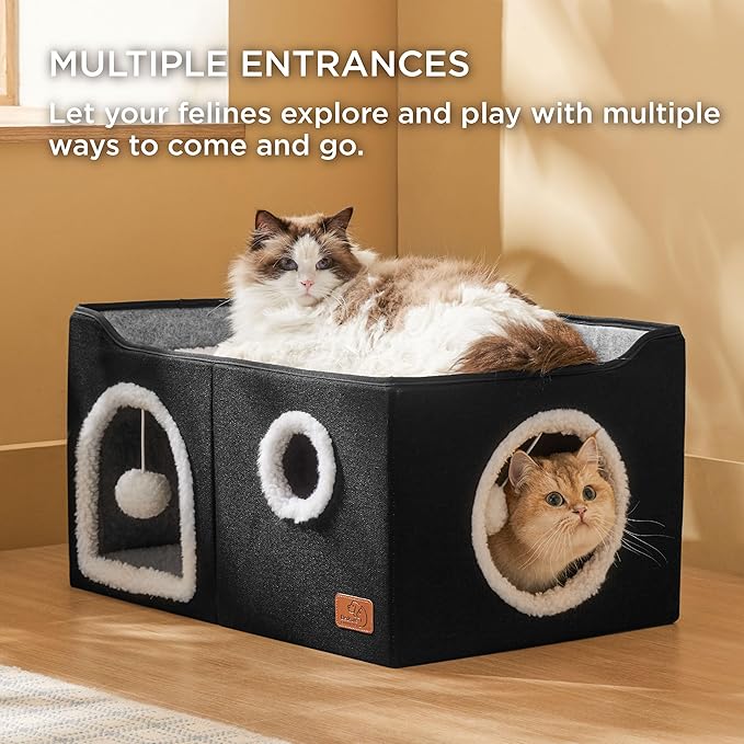 Bedsure Large Cat Beds for Indoor Cats - Extra Wide Cat Cube House for Small Pet with Fluffy Ball Hanging and Scratch Pad, Foldable Pet Cave Hideaway for Multiple Cats, 23.6x16.9x13 inches, Black-PawvioPets