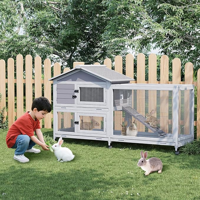 2-Tier Rabbit & Chicken House Mobile,Wooden Chicken Coop & Bunny Cage with Non-Slip Ramp, 4 Doors,Waterproof Roof & Pull-Out Tray,Outdoor/Indoor Pet Cage Movable-PawvioPets
