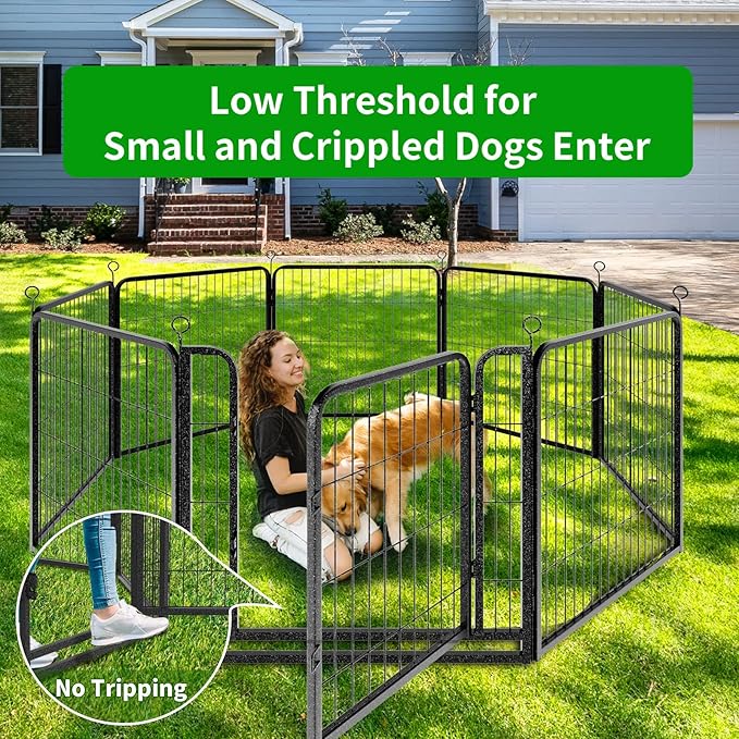 Dog Playpen Outdoor Extra Wide 8 Panels Heavy Duty Dog Fence 32" Height Anti-Rust with Doors Portable for RV Camping Yard, Total 21FT, 35 Sq.ft, Snowy Black-PawvioPets