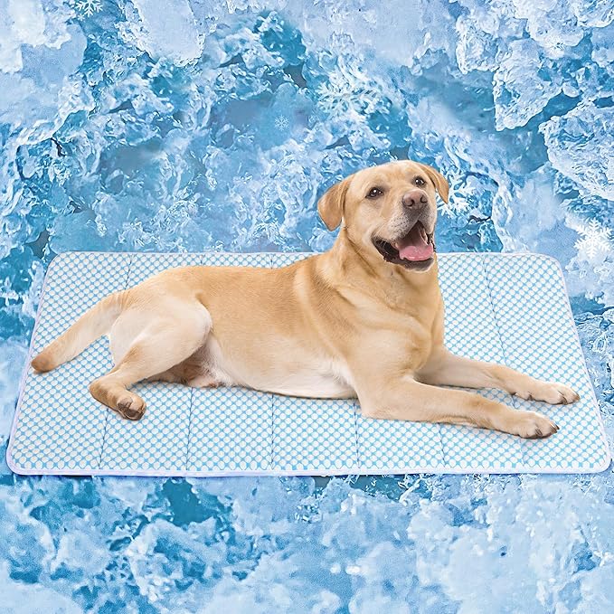 Dog Cooling Mat for Large Dogs - 41x27 Orthopedic Memory Foam Pet Pad for Summer, QMAX>0.5, Washable Premium Comfort Crate Pad for Your Furry Companion, Blue-PawvioPets