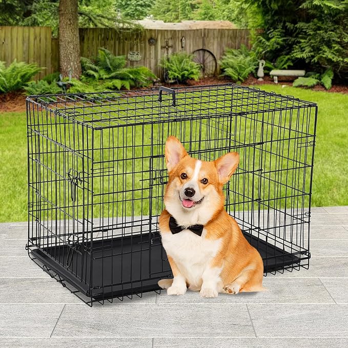 BestPet | Dog Crate | 30" | Black | Foldable Metal Kennel with Double Doors, Secure Slide-Bolt Latches, Leakproof Tray | Portable Dog Cage for Small Breeds | for Travel, Indoor & Outdoor Use-PawvioPets