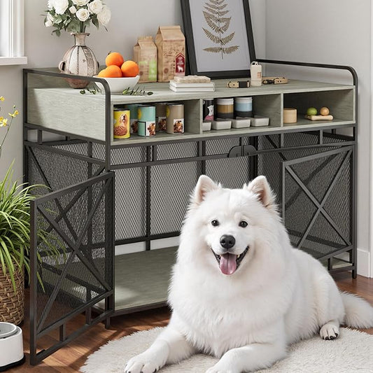 Dog Crate Furniture, 48" Heavy Duty Wooden Dog Crate End Table, XL Dog Kennel Furniture Large Breed, Decorative Dog Kennel Indoor with 3 Drawers & Steel Tubes 48" L x28 W x36 H (Grey)-PawvioPets