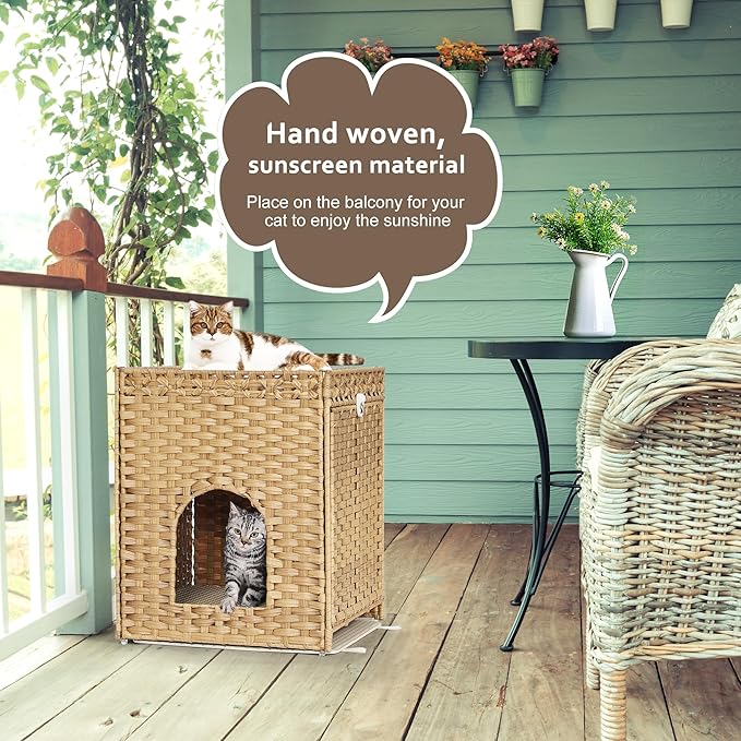 Cat Litter Box Enclosure with Soft Litter Mat; Hidden Cat Washroom Furniture with Door; Handwoven Rattan Cat House; Pet Crate for Living Room, Bedroom, Balcony (Natural)-PawvioPets