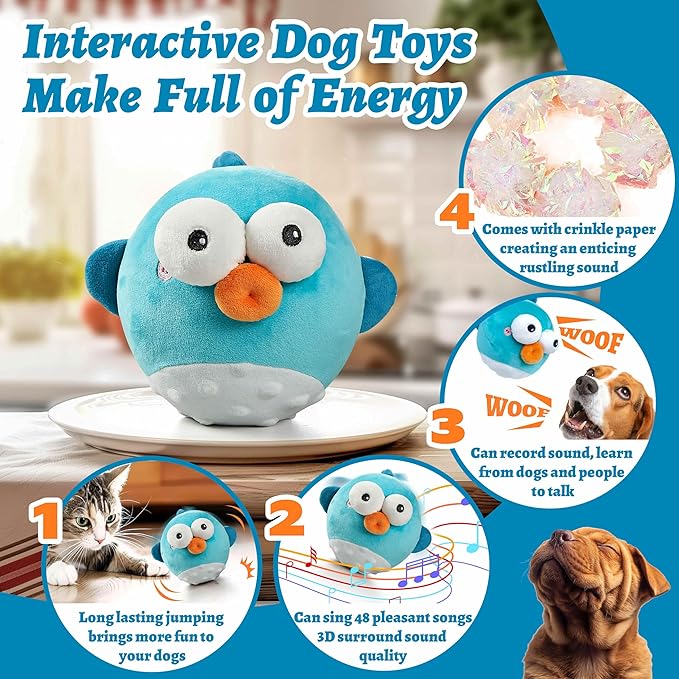 Dog Toys,Rechargeable Crinkle Chew Interactive Squeaky Toy with Jumping Music Moving Ball for Small Medium Large Breed Puppy Toys to Keep Pets Busy (Puffer)-PawvioPets