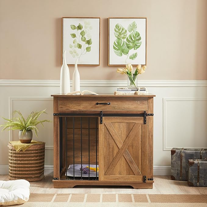 EDYO LIVING 38" Large Dog Crate Furniture with Sliding Barn Door, Wooden Dog Kennel with Drawer for Storage, Water Resistant Indoor Furniture Style Dog Crate for Small/Medium/Large Dog, Rustic Oak-PawvioPets