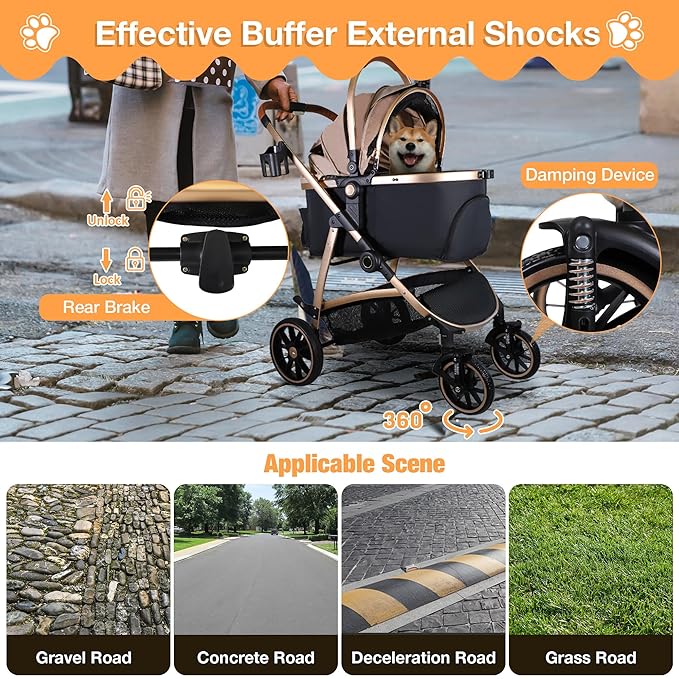 Dog Stroller for Small Medium Dogs, 3 in 1 Folding Pet Stroller Up to 33 lbs, 4 Wheels Pet Strolling Cart with Zipperless Entry, Cat Dog Travel Carrier with Cup Holder & Storage Basket-PawvioPets