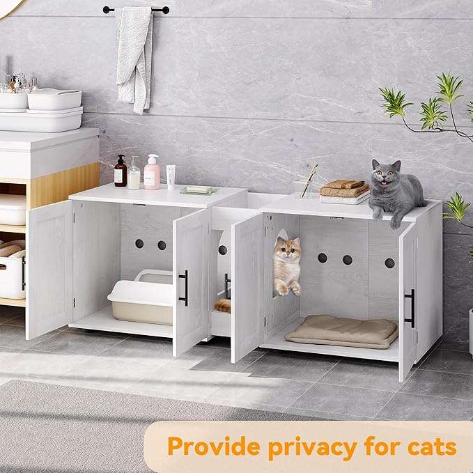 Gaomon Litter Box Enclosure with Double Cage, Cat House,Hidden Litter Box Enclosure Furniture for 2 Cats, Wooden Enclosed Cat Litter Box Furniture,55”L x 17.7”W x 22.5”H,White-PawvioPets