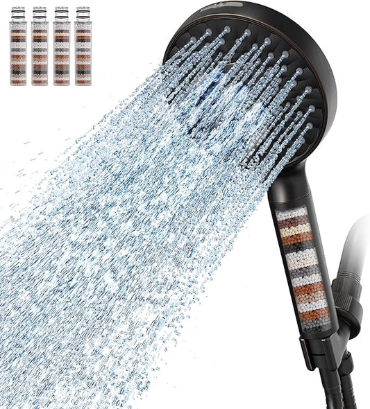 Filtered Shower Head with Handheld, High Pressure 9 Spray Mode ORB Showerhead with 4 Filters, Detachable Shower Head, Water Softener Filters Beads for Hard Water - Remove Chlorine-PawvioPets