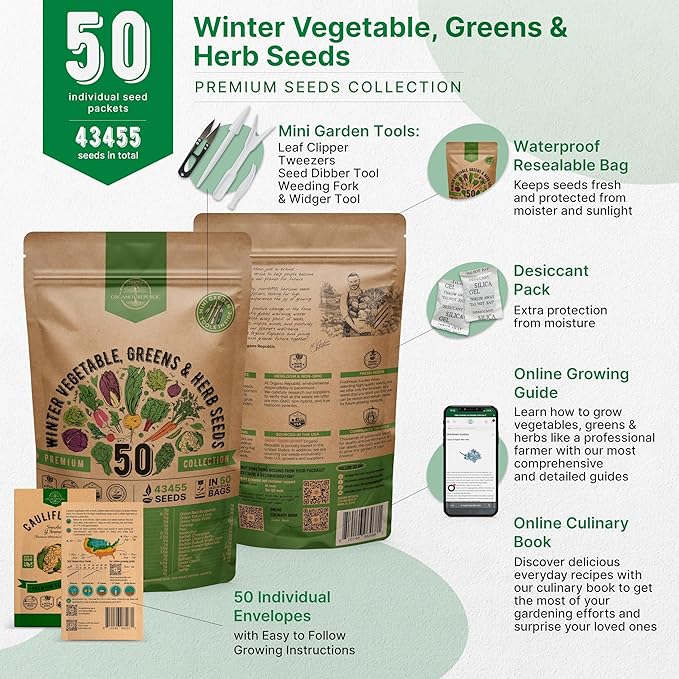 50 Winter Vegetable Garden Seeds Variety Pack - 43,450+ Non-GMO Heirloom Seeds for Outdoors & Indoor Home Gardening, Including Kohlrabi, Lettuce, Radish, Onion, Choy, Spinach, Cauliflower, Collards-PawvioPets