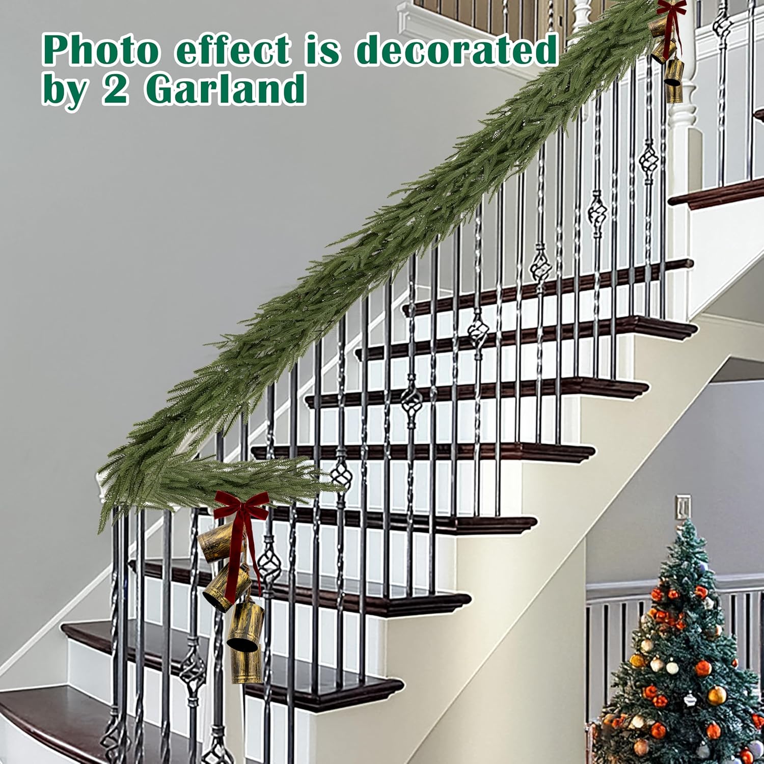 2 Pcs 6FT Christmas Garlands Norfolk Pine Garland - Real Touch Winter Pine Garland, Artificial Norfolk Tree for Indoor Outdoor Holiday Decor, Fireplace Mantel, Door, Porch (Burgundy Bell)
