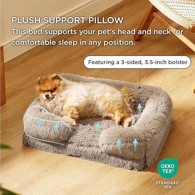 Bedsure Orthopedic Dog Beds for Small Dogs - Washable Small Dog Cat Bed Waterproof, Comfort Pet Couch Sofa with Washable Removable Cover, Pets Bed with Nonskid Bottom, Long Faux Fur-Taupe, 24"-PawvioPets