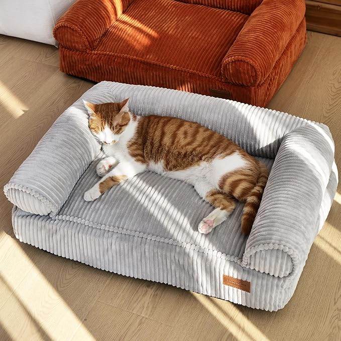 FUKUMARU Dog Couch Bed, Corduroy Cozy Cat Bed for Indoor Cats with Washable Cover, Supportive Waterproof Dog Beds Sofa for Small Dogs and Large Cats Cute, 28inch, Medium, Light Grey-PawvioPets