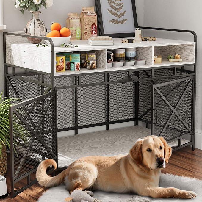 Dog Crate Furniture, 48" Heavy Duty Wooden Dog Crate End Table, XL Dog Kennel Furniture Large Breed, Decorative Dog Kennel Indoor with 3 Drawers & Steel Tube 48"L x28"W x36"H (White and Black)-PawvioPets