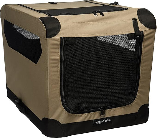 Amazon Basics 2 Door Foldable and Portable Travel Pet Kennel for Cat, Dog, Rabbit, 26 inch, Tan, S 26" x 18" x 18"-PawvioPets