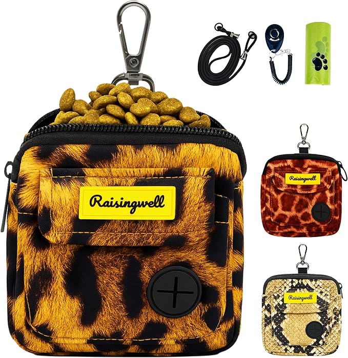 Dog Treat Pouch for Pet Walking and Training with Clicker Poop Bags and Double Bag Design Small Fanny Zipper Pack Holder for Puppy Snack Dispenser Kit for Leash and Outdoor Use Leopard Print-PawvioPets