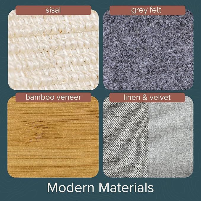 Ascentials - Grand Suite Cat Scratcher Playground - Tall Cat Tower Playground Structure, Sisal Scratching Areas, Grey Felt, Bamboo Veneer w/Linen & Velvet Surface Areas-PawvioPets