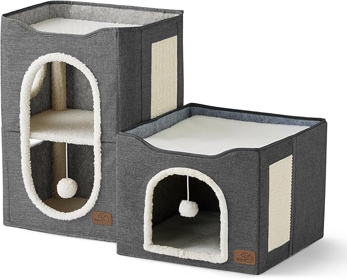 Bedsure 2 Story Cat House - Cat Condos for Indoor Cats with Scratch Pad and Fluffy Ball Hanging, Small Pet Cave Furniture Hideaway for Multi Pets, 18x14x23 inches, Dark Grey-PawvioPets