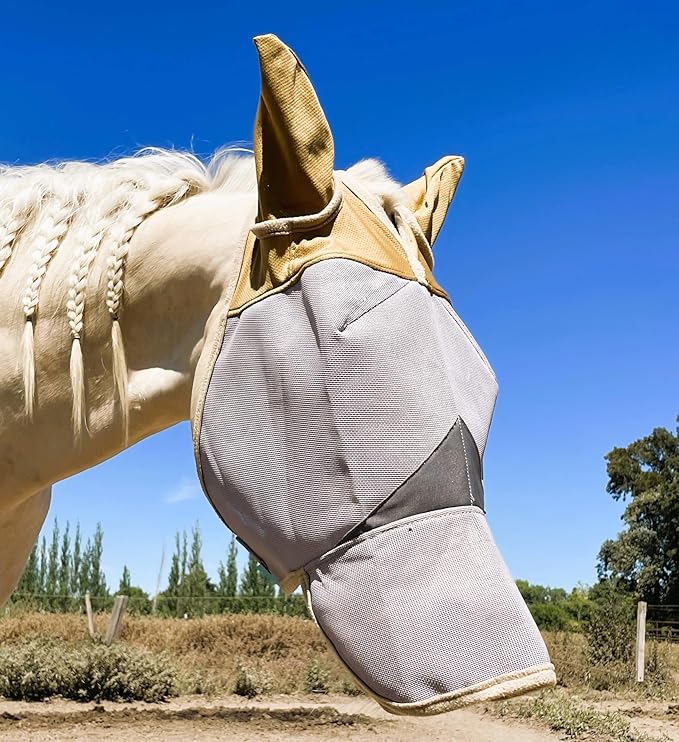 Fly Masks for Horses. Stops Sunburn, 70% Uv-Block. Breathable Fly Mask for Equines, Durable, Comfortable Fit for All-Day Protection. Horse Size, Fly Mask with Ears and Nose-PawvioPets