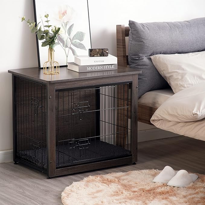 DWANTON Dog Crate Furniture with Cushion, Wooden Kennel Table with Double Doors, Indoor Dog House, Small/Medium/Large/Extra Large Size, 27.2" L, Dark Gray-PawvioPets