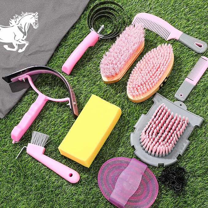 Abbylike 12 Pieces Horse Grooming Kit Racing Festival Tack Room Supplies Horse Brush Sets Equine Care Cleaning Kit Shedding Grooming Massaging Tools(Pink and Grey)-PawvioPets