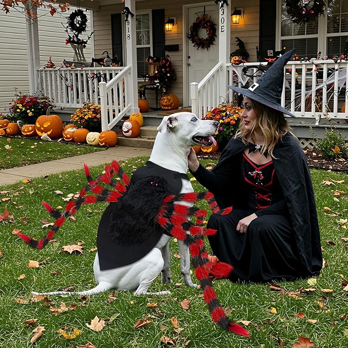 Dog Halloween Costume Large Breed, Furry Dog Spider Costume with 64 LED, Funny Halloween Dogs Costumes for Large Dogs Medium Pet Halloween Party Cosplay (Red)-PawvioPets