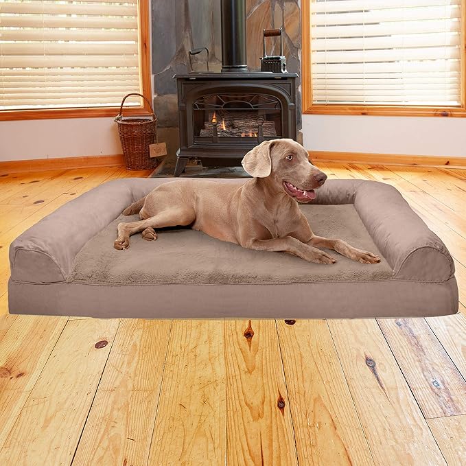 Furhaven Cooling Gel Dog Bed for Large Dogs w/ Removable Bolsters & Washable Cover, For Dogs Up to 125 lbs - Plush & Suede Sofa - Almondine, Jumbo Plus/XXL-PawvioPets