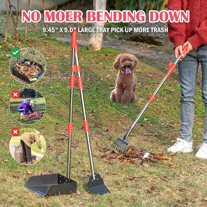 Dog Pooper Scooper Set, Pooper Scooper for Dog, Heavy Duty Stainless Steel Rake with Extra Large Tray & Spade No Bending Clean Up for Pet Waste Removal, for Grass, Dirt Or Gravel.-PawvioPets