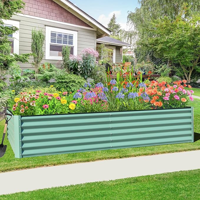 Domi Raised Garden Beds Outdoor, 8x4x1.5Ft Thickening Tall Metal Rectangular Deep Root Box Planter for Vegetables, Flowers, Herbs, and Succulents 1.5" Deep w/ 342 Gallon Capacity - Green-PawvioPets