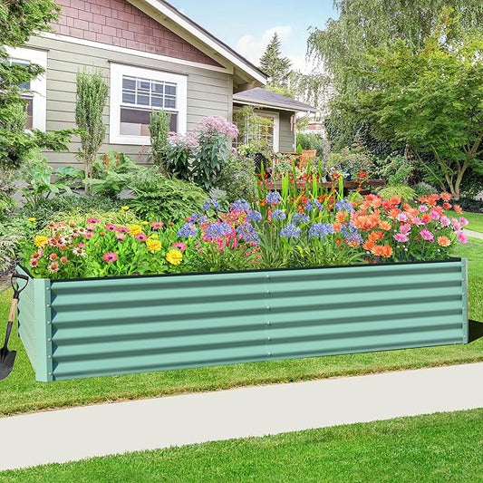 Domi Raised Garden Beds Outdoor, 8x4x1.5Ft Thickening Tall Metal Rectangular Deep Root Box Planter for Vegetables, Flowers, Herbs, and Succulents 1.5" Deep w/ 342 Gallon Capacity - Green-PawvioPets