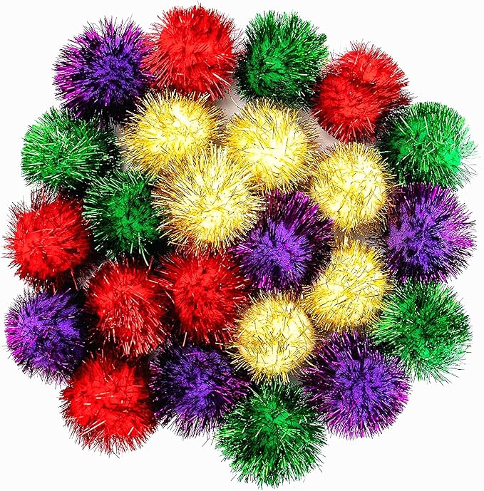 AUEAR, 24 Pack 2 Inch Extra Large Sparkle Cat Ball Glitter Tinsel Pom Pom Balls for Kittens (4 Assorsted Colors)-PawvioPets