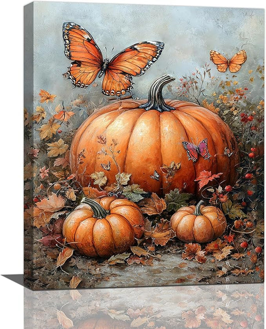 Fall Pumpkin Pictures Wall Art, Rustic Thanksgiving Bathroom Wall Decor, Farmhouse Autumn Butterfly Framed Painting Canvas Artwork for Harvest Gift Bedroom Living Room Decorations 20"L x 16"W-PawvioPets