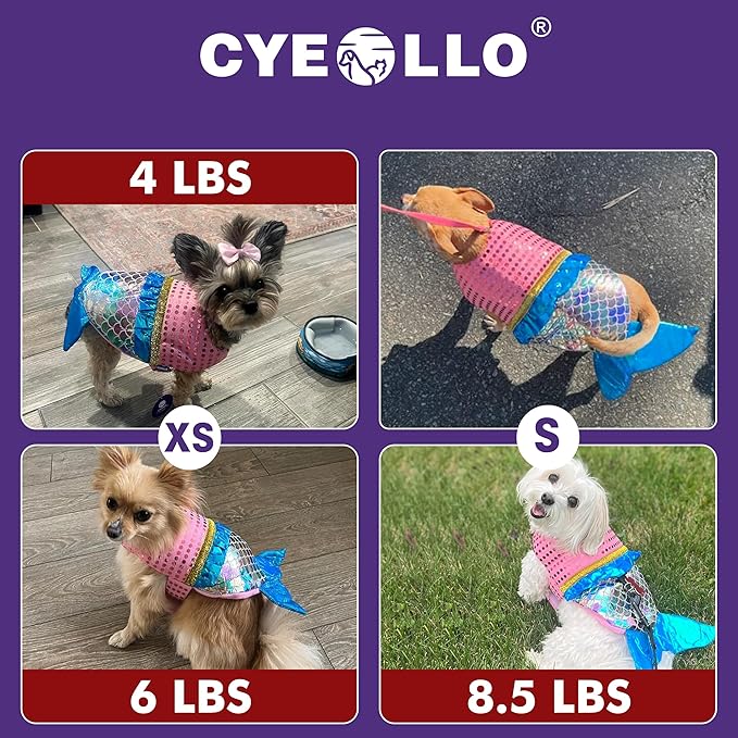 cyeollo Mermaid Dog Costume Halloween Dog Clothes with Sparkly Sequin Holiday Party Outfits Puppy Pet Costumes for Small Dogs Size XS-PawvioPets