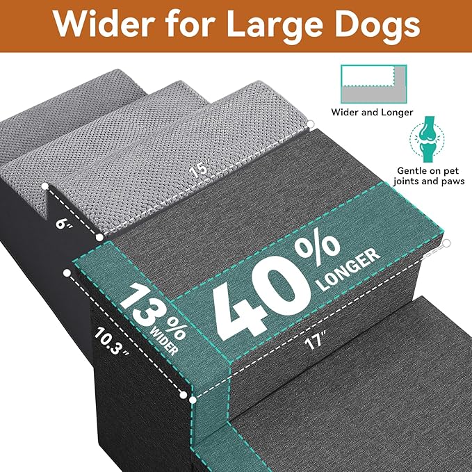 Dog Stairs with Storage 18" H, 3-Step Wider Dog Steps for Small/Medium/Large Old Dogs Cats, Folding Sturdy Pet Stairs Climbing Bed Couch, Ramp for Car Hold Up to 200 lbs (Dark Grey, No Condo)-PawvioPets