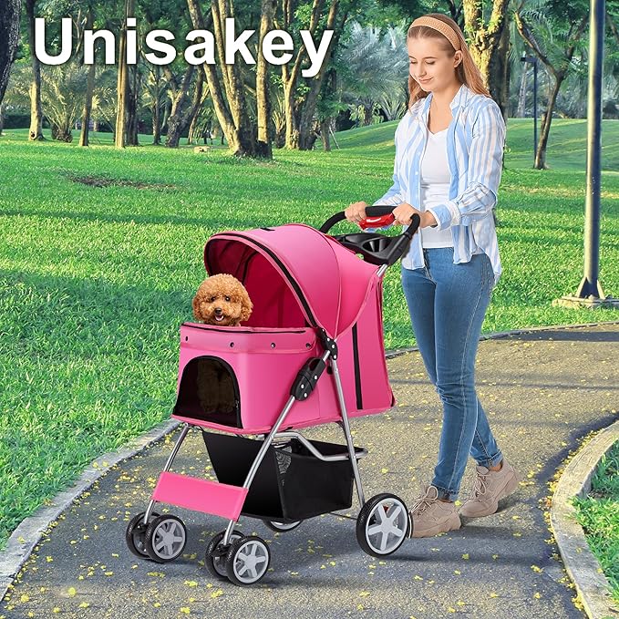 4 Wheels Pet Stroller for Small Medium Dogs Cats 10-33 lbs, Foldable Dog and Cat Stroller with Cup Holder & Storage Basket & Breathable Mesh, Pet Strolling Cart for All-Season, Pink-PawvioPets