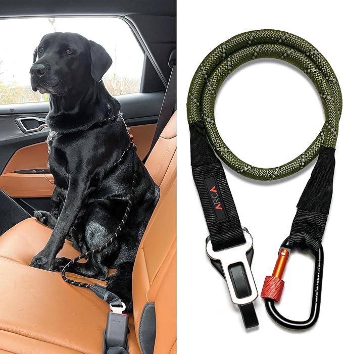 Dog Seat Belt for Car | Universal Dog Car Seatbelt | Durable Reflective Rope with Clip Hook Latch, Buckle and Carabiner- Safe and Secure Pet Safety Restraint (Army Green)-PawvioPets
