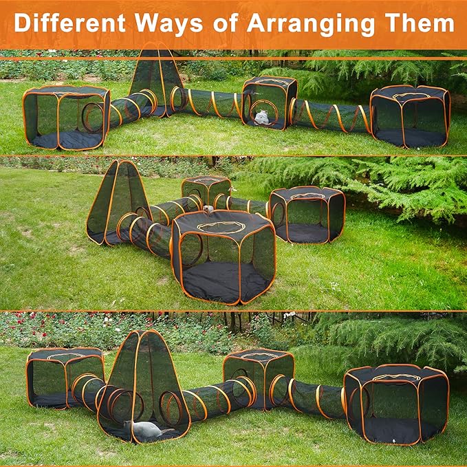 7 in 1 Outdoor Cat Enclosure, Foldable Pop-Up Mesh Playpen Tunnel for Pet Run, Foldable Outside Enclosed Tent Cage for Small Dogs, Rabbit and Other Animals-PawvioPets