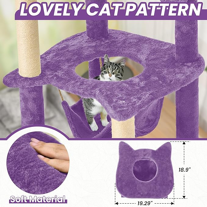 55 Inch Large Cat Tree Tower for Indoor Cats with Hammock Green Leaves Sisal Scratching Post, Plush Hang Ball Play Furniture for Kittens & Adult Cats, New Purple-PawvioPets