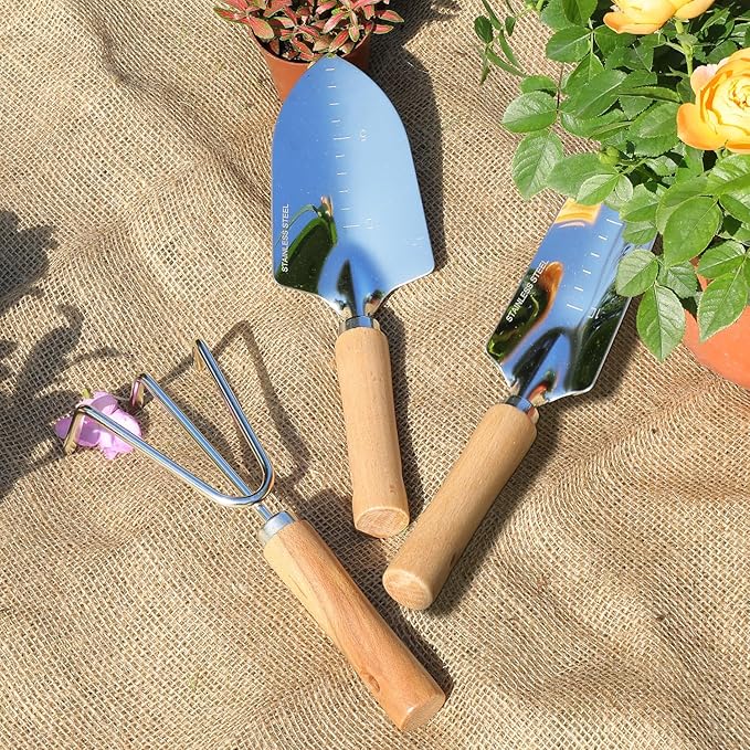 Garden Tool Set, 3 Pieces Gardening Kit with Garden Plant Twist Tie and Plastic Plant Tag, Stainless Steel Heavy Duty Garden Tools with Wooden Handle, Gardening Gifts for Women-PawvioPets