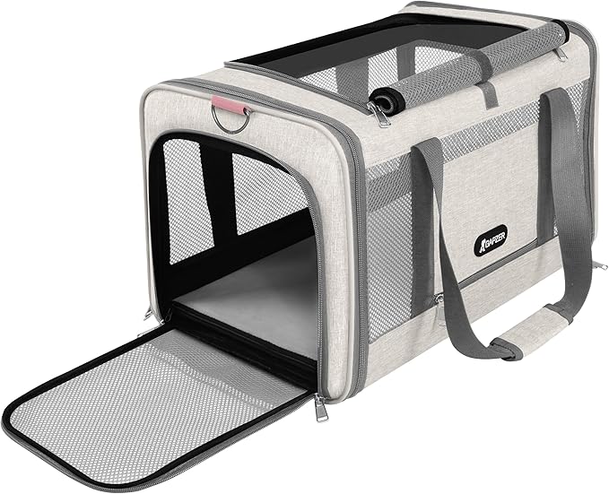 Cat Carrier American Airline Approved 18x11x11, Top Opening Sturdy Soft Pet Carrying Bag See Through, Mini Dog Hard Bottom Crate Kennel Case, 4-Side-Ventilation Mesh Cage Toy Poodle Biege-PawvioPets