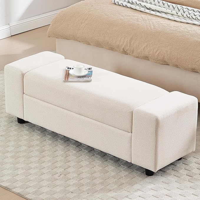 Beige Storage Bench for Entryway, 55" Bedroom Ottoman with Storage Large Linen Fabric Upholstered End of Bench with Lip for Living Room/Bedroom/Lounge/Shop, Beige-PawvioPets
