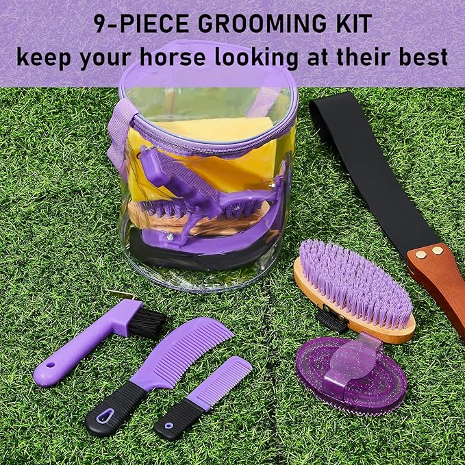 9 Pieces Horse Grooming Kit Tack Room Supplies Set with Organizer Tote Bag, Oval Massage Curry, Hard and Soft Brush, Hoof Pick, Sweat Scraper, Bathing Sponge, Combs for Horse Riders Beginners (Purple)-PawvioPets