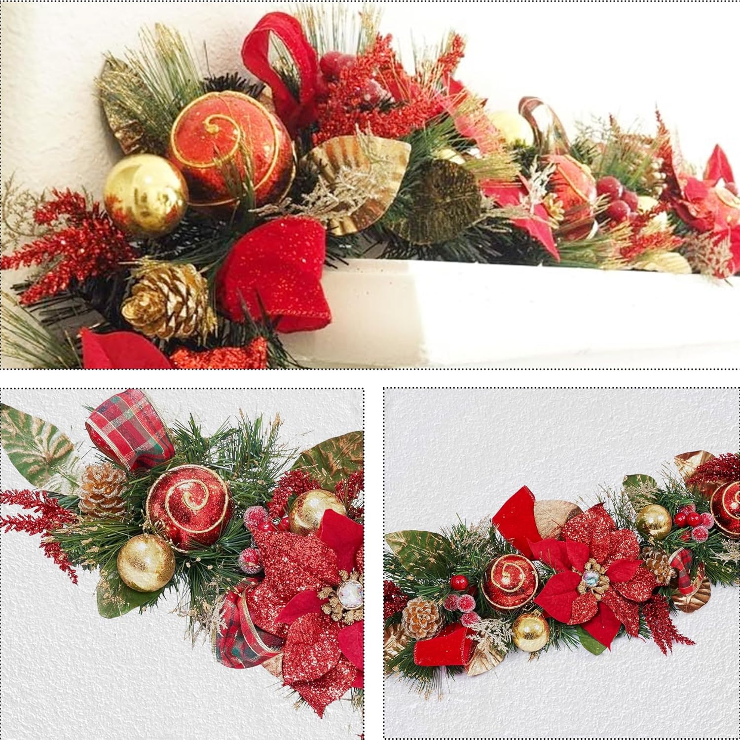 5 ft Christmas Garland for Mantle Unlit Garland for Stairs Railing, Banister, Staircase, Fireplace, for Table No Light, Garland Decor Frosted Red Poinsettia Holiday Tree (Decorated Red Poinsettia)