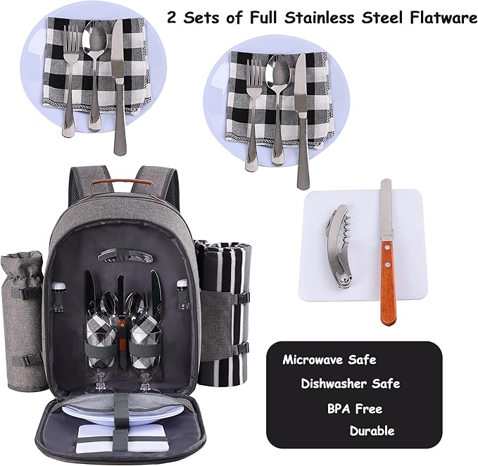 Apollo Walker Picnic Backpack Set for 2 Person with Cooler Compartment, Detachable Bottle/Wine Holder, Fleece Blanket, Plates and Cutlery Set-PawvioPets