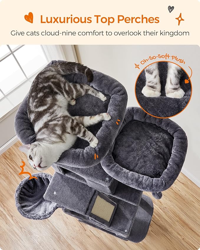 Feandrea Cat Tree, 81.1-Inch Large Cat Tower with 13 Scratching Posts, 2 Perches, 2 Caves, Basket, Hammock, Pompoms, Multi-Level Plush Cat Condo for Indoor Cats, Smoky Gray UPCT190G01-PawvioPets